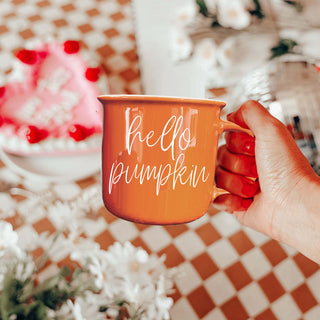 pumpkin inspired coffee mug with cozy fall vibes
hello pumpkin mug for fall coffee bar decor
orange fall mug perfect for PSL pumpkin spice latte