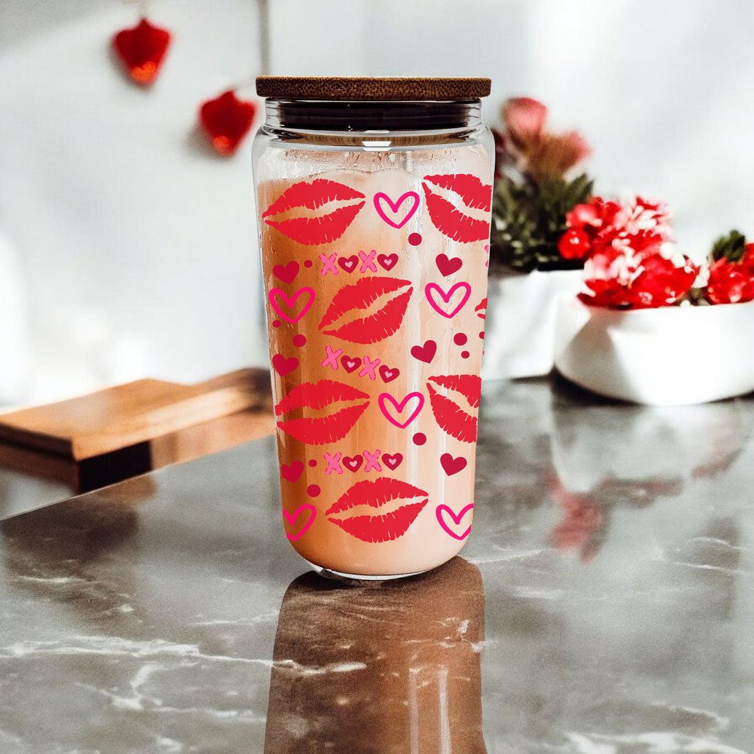 Valentine’s Day glass cups with fun XOXO and red lips for a quirky touch.
Romantic 20oz glass cups with XOXO, hearts, and red lips for her.
20oz glass cups with XOXO graphics, red lips, and hearts for modern Valentine’s gifts.