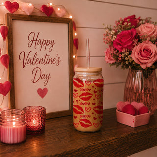 Flirty and fun 20oz glass cups with red lips, hearts, and XOXO for her special day bulk. 
Wholesale 20oz glass cups with pink and red XOXO and hearts for a trendy Valentine’s collection.
Playful wholesale 20oz glass tumblers with red lips, hearts, and XOXO for retail.