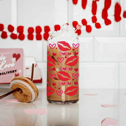 Fun and trendy 20oz glass cups with red lips, hearts, and pink XOXO.
Cute and chic 20oz glass cups with red lips and heart designs for gifting.
Red lips, hearts, and XOXO 20oz glass cups for a bold Valentine’s gift.