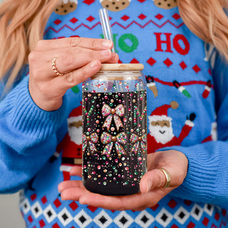 17oz Christmas glass tumbler - Merry glitter sequin holiday coffee cup with bamboo lid straw - Coquette bow festive gift
