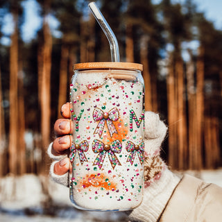 Christmas stocking stuffers Merry glitter tumbler 17oz - Holiday sequin bow glass cup bamboo lid gift
White elephant gifts colorful Merry glass tumbler 17oz - Christmas sequin bow party drinkware bamboo lid