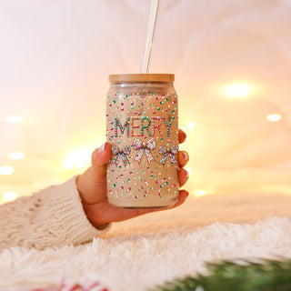 Christmas glass cup 17oz with bamboo lid - Merry sequin glitter tumbler with coquette bows glass straw - Holiday drinkware gift
Multicolor sequin Merry glass cup 17oz - Christmas coquette bow colorful holiday tumbler bamboo lid