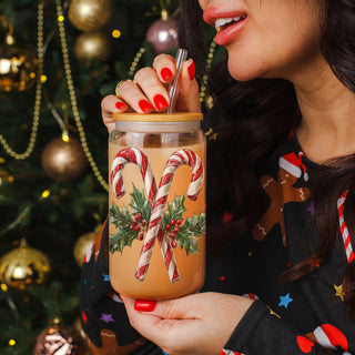Reusable festive glass tumbler - candy cane and holly holiday drink cup
Coffee bar essential – Christmas candy cane and holly wreath glass cup