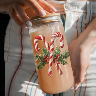 Christmas coffee gifts glass tumbler 17oz - Candy cane holly holiday drinkware bamboo lid - Traditional kitchen accessories