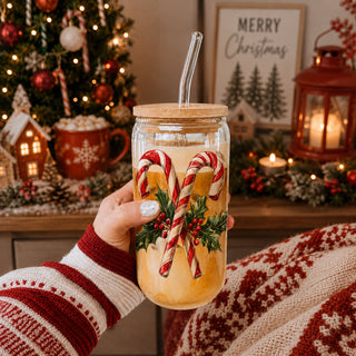 Christmas coffee gifts glass tumbler 17oz - Candy cane holly holiday drinkware bamboo lid - Traditional kitchen accessories
candy cane and holly wreath Christmas coffee cup
festive holiday glass tumbler for kitchen or coffee bar