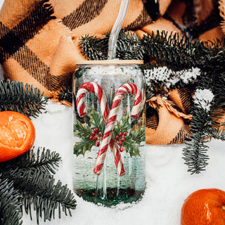 Festive Christmas tumbler - 17oz glass with candy cane and holly artwork
Christmas party drinkware - reusable glass tumbler with candy cane design