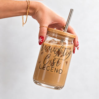 Funny Christmas Coffee Cup Gift for Her – Naughty List Legend 17oz Glass Tumbler With Lid & Straw
