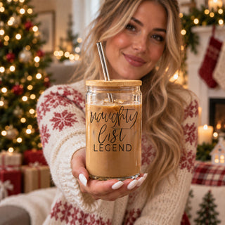 funny Christmas coffee tumbler for her
Naughty List gift for women
holiday glass tumbler with bamboo lid
17 ounce Christmas glass coffee cup