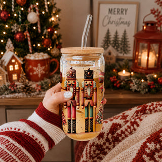 Bulk Sparkly Christmas coffee mug – glass cup with pink, teal, gold accents and glitter
Festive holiday coffee cup – boho Nutcracker soldiers with Christmas tree wrap
Holiday drinkware glass cup 17oz - Christmas nutcracker soldiers boho tumbler bamboo lid - Festive floral coffee gift with straw