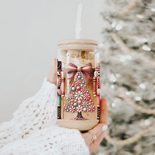 Christmas bohemian drinkware glass tumbler 17oz - Nutcracker floral bamboo lid - Holiday boho pink teal coffee cup