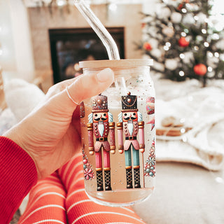 Holiday glass tumbler 17oz - Christmas nutcracker boho style coffee cup bamboo lid - Pink teal festive drinkware with straw
