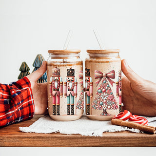 Sparkly Christmas coffee mug – glass cup with pink, teal, gold accents and glitter
Festive holiday coffee cup – boho Nutcracker soldiers with Christmas tree wrap