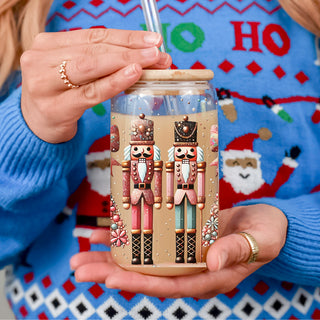 17oz Christmas coffee tumbler glass - Boho nutcracker floral holiday kitchen gifts bamboo lid straw - Pink teal design