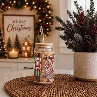 Holiday drinkware gifts glass cup 17oz - Christmas nutcracker boho floral coffee tumbler bamboo lid - Pink teal accessories
Unique Christmas coffee cup – boho glass tumbler with pink, teal, gold, and glitter
