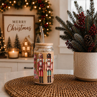 Nutcracker holiday coffee mug – festive glass cup for kitchen or coffee bar decor
Christmas boho style glass cup 17oz glass straw - Nutcracker floral holiday tumbler bamboo lid - Pink teal festive gift
