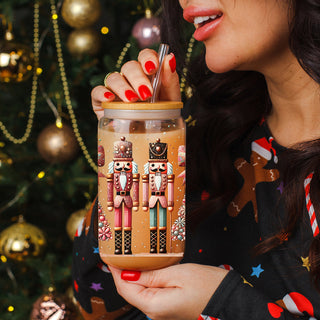 Nutcracker Christmas tumbler with bamboo lid - floral boho design in pink and teal
17oz glass holiday cup with bamboo lid - Nutcracker soldiers and Christmas tree