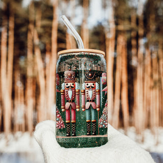 Coffee bar essential – boho Nutcracker Christmas glass cup with tree and glitter
Festive drinkware gift – pink, teal, gold Christmas glass tumbler with Nutcracker soldiers