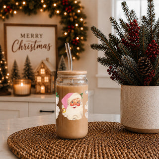 2 vintage Santa faces glass cup for Christmas
pink hat Santa holiday coffee tumbler
Christmas kitchen drinkware with vintage Santa faces
Vintage Santa Face with Pink Hat Christmas Glass CUps and tumblers.