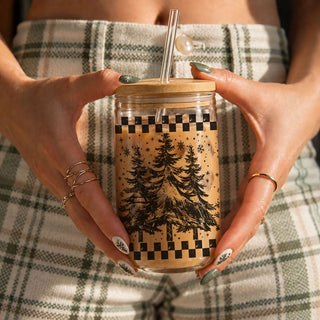 holiday iced coffee cup, rustic Christmas cup, evergreen tree tumbler, neutral Christmas drinkware