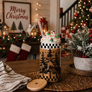 Buffalo check Christmas tumbler - retro tree holiday drinkware
Vintage holiday tumbler gift - Christmas tree glass with rustic design
Holiday drinkware retro glass cup 17oz - Vintage Christmas tree tumbler bamboo lid - Festive coffee gift with straw