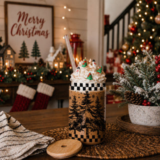 Christmas Tree Glass Cup Gift for Her – 17oz Retro Evergreen Tumbler With Lid & Straw