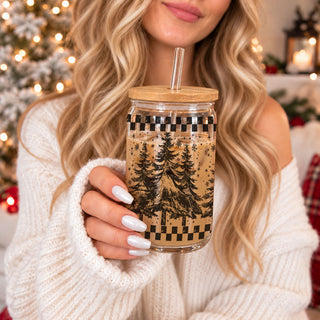 17oz Christmas Glass Tumbler With Bamboo Lid & Straw – Retro Tree Holiday Coffee Cup