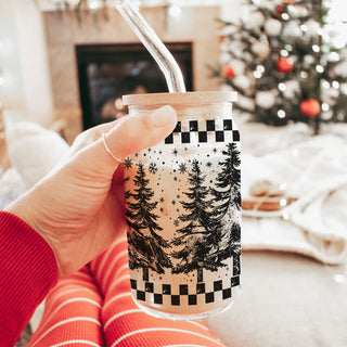 winter forest glass coffee cup
retro Christmas drinkware
Christmas tree wrap glass tumbler
festive glass can cup with trees