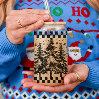 Vintage Christmas glass tumbler 17oz - Retro tree holiday coffee cup bamboo lid - Checkered festive drinkware
Christmas kitchen gifts retro glass cup 17oz - Vintage tree tumbler bamboo lid glass straw - Holiday decor