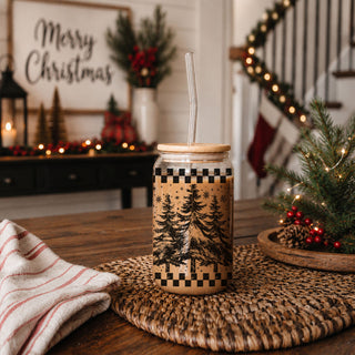 retro Christmas glass tumbler, Christmas tree coffee cup, 17oz glass tumbler with bamboo lid