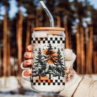 Christmas tree glass can cup
retro evergreen tumbler with bamboo lid
Christmas iced coffee cup with trees
festive tree glass tumbler