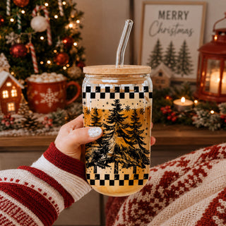 evergreen Christmas glass cup with straw
vintage Christmas tree glass tumbler
rustic Christmas coffee cup
holiday glass tumbler with tree design