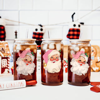 Christmas nostalgia drinkware glass tumbler 17oz - Vintage Santa pink hat bamboo lid - Holiday retro coffee cup
Unique Christmas coffee cup – festive glass tumbler with 2 pink Santa faces