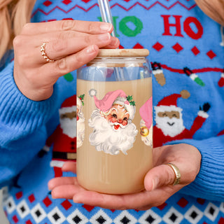 Vintage Santa pink hat holiday drinkware bamboo lid glass straw
Christmas gifts for women glass tumbler 17oz 
Holiday coffee gifts glass cup 17oz - Christmas vintage Santa pink hat retro kitchen accessories bamboo lid straw