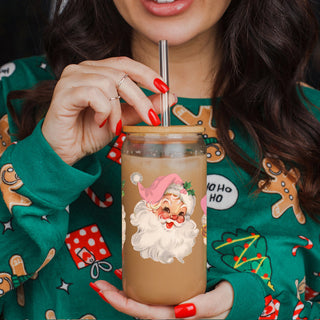Blush Christmas glass cup 17oz - Vintage Santa pink hat holiday coffee tumbler bamboo lid glass straw
Christmas glass tumbler with vintage Santa faces - pink holiday design