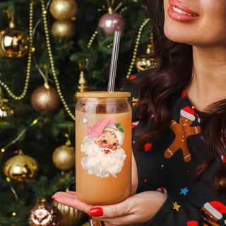 Pastel Christmas gifts vintage Santa glass tumbler 17oz - Pink hat holiday drinkware bamboo lid retro style
Soft pink holiday glass cup 17oz - Vintage Santa pink hat Christmas coffee tumbler bamboo lid straw