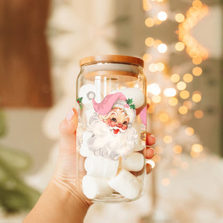 Christmas kitchen decor - retro Santa tumbler cup with pink hat design
Vintage holiday tumbler - Santa face Christmas glass cup with straw