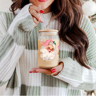 Aesthetic Christmas drinkware vintage Santa glass tumbler 17oz - Holiday pink hat retro coffee cup bamboo lid
Christmas coffee mug gift – glass cup with vintage Santa faces for kitchen or office