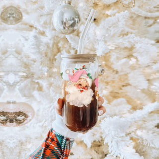 Classic Christmas glass cup 17oz - Vintage Santa pink hat holiday tumbler bamboo lid glass straw - Retro festive gift
Holiday sparkle drinkware – vintage Santa faces with pink hats glass cup