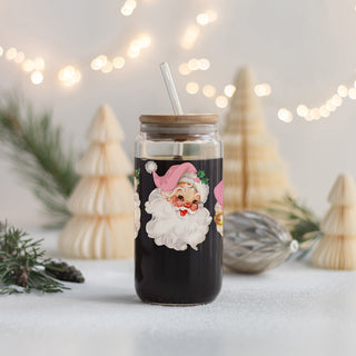 Christmas coffee gifts glass tumbler 17oz - Vintage Santa pink hat holiday drinkware bamboo lid - Retro kitchen accessories
Christmas coffee bar accessory – glass cup with 2 vintage Santa faces in pink hats