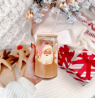 Christmas stocking stuffer gift - retro Santa tumbler with pink hats
Vintage Christmas decor tumbler - Santa face holiday glass cup