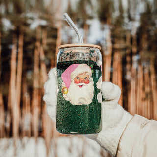 Aesthetic Christmas drinkware vintage Santa glass tumbler 17oz - Holiday pink hat retro coffee cup bamboo lid
Christmas coffee mug gift – glass cup with vintage Santa faces for kitchen or office