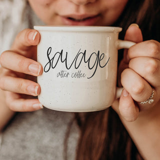 double sided graphic mug
beige stoneware coffee cup
speckled ceramic drinkware