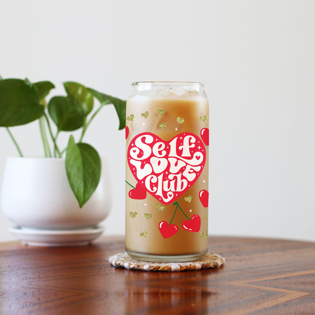 Valentine’s Day Self Love Club 20oz glass cups with bamboo lid and glass straw, perfect for single women.
20oz glass cups with bamboo lid and glass straw featuring Self Love Club design, perfect for self love and growth gifts.