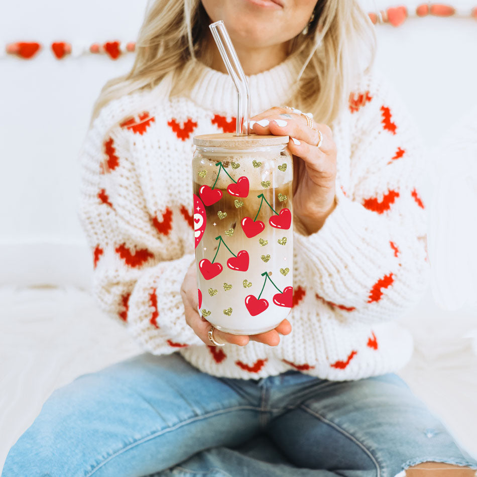 Trendy Self Love Club 20oz glass cups with bamboo lid, glass straw, and motivational red heart and cherry graphics.
Empowering 20oz glass cups with bamboo lid, glass straw, and Self Love Club design for women supporting women.