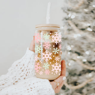 Sage green pink Christmas glass tumbler 17oz - Pastel snowflake holiday drinkware bamboo lid winter gift
pastel pink and green snowflake glass tumbler gift
Unique Christmas coffee cup