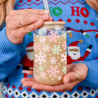 Holiday coffee gifts glass cup 17oz - Christmas pastel snowflake pink mint kitchen accessories bamboo lid straw
Christmas hostess gifts glass tumbler 17oz - Pastel pink mint snowflake holiday coffee cup bamboo lid - Soft drinkware