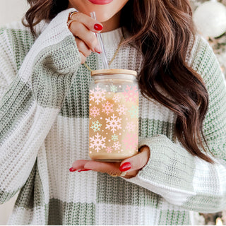 Winter snowflake glass tumbler 17oz bamboo lid - Pastel pink mint holiday coffee cup glass straw - Christmas drinkware
pastel pink Christmas Decor and green snowflake Christmas glass tumbler
