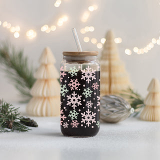 Pastel Christmas tumbler with bamboo lid - pink and mint snowflake glass cup
17oz glass holiday tumbler - pastel snowflake design with bamboo lid and straw
Christmas glass coffee tumbler - pastel pink and mint snowflake design