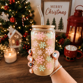 Christmas pastel pink mint snowflake coffee cup gifts - Winter festive drinkware bamboo lid
Christmas glass tumbler with mint and pink snowflake wrap
Christmas kitchen decor glass cup 17oz - Pastel snowflake pink mint holiday tumbler with straw - Soft winter drinkware